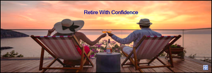 Couple wearing sun hats sits side by side on a deck overlooking the water at sunset. They touch their wine glasses together to celebrate having a successful plan for retirement.